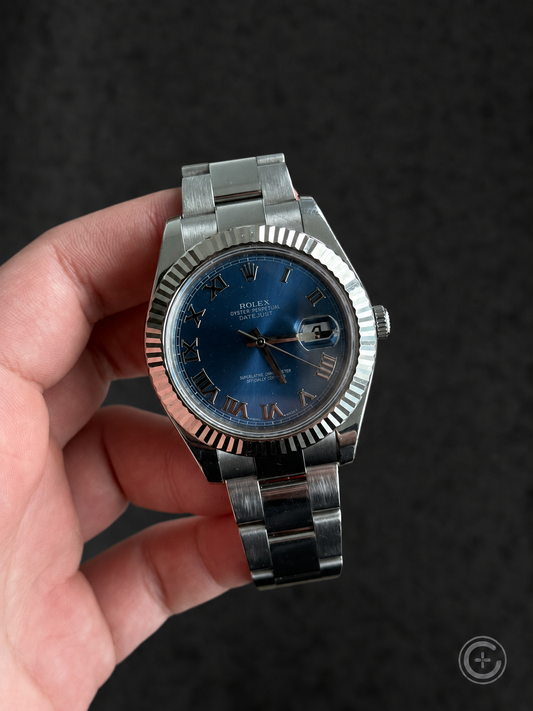 Rolex Datejust 116334 with blue Roman numeral dial and Oyster bracelet