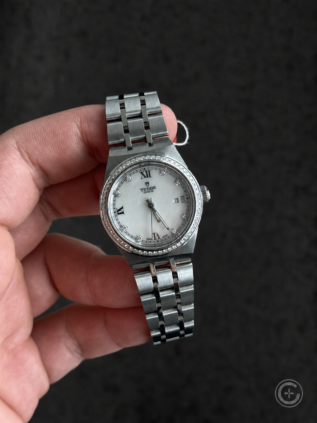 Tudor Royal 28mm reference 28320 with mother-of-pearl dial and diamond bezel
